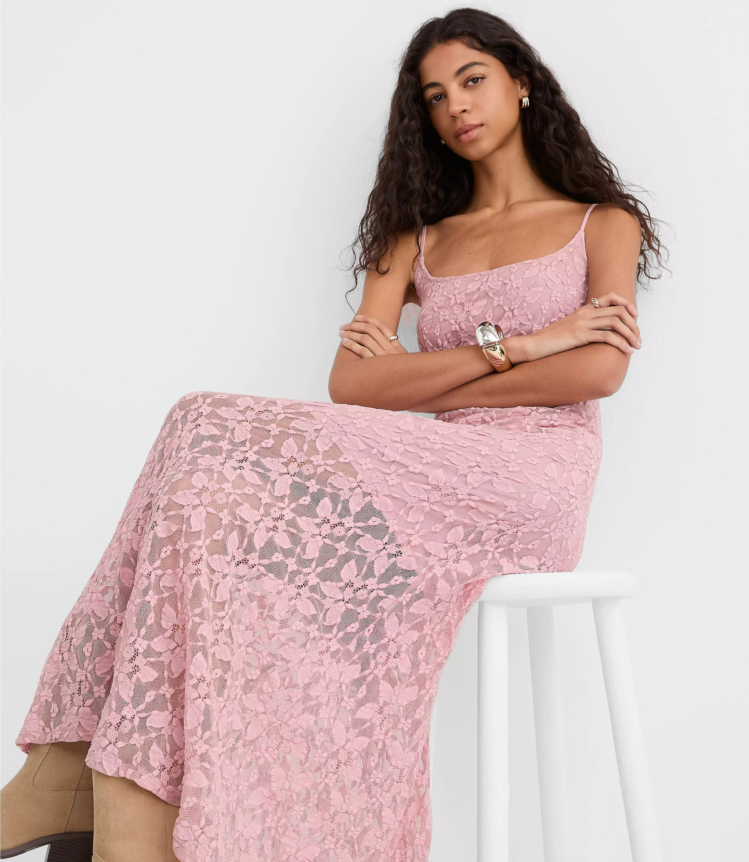 Lace Strappy Scoop Neck Midi Dress | LOFT