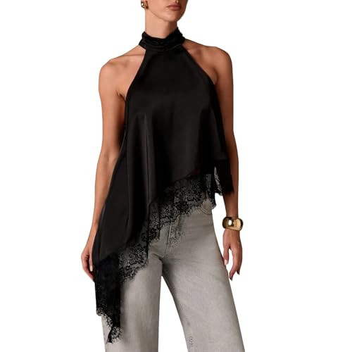 Women Satin Halter Top Lace Trim Mock Neck Tank Top Sleeveless Backless Asymmetric Hem Y2k Going Out Tops (Black, S) | Amazon (US)