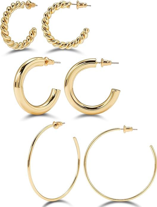 Gold Hoop Earrings Set Women: 14k Plated Hypoallergenic Open Chunky Jewelry Girls Large Thick - B... | Amazon (US)