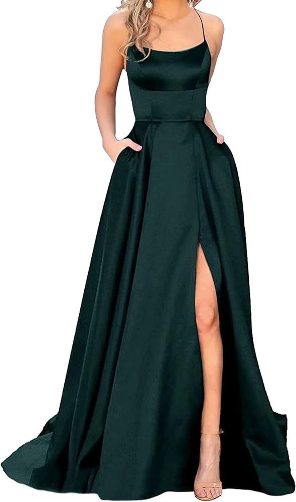 GUKARLEED Women's Satin Prom Dresses Long Ball Gown Slit Backless Spaghetti Straps Formal Evening... | Amazon (US)