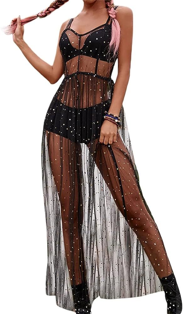 Women Mesh Cover Ups Dresses Sequin Split See-Thru Spaghetti Strap Maxi Dress Beach Coverup Cockt... | Amazon (US)