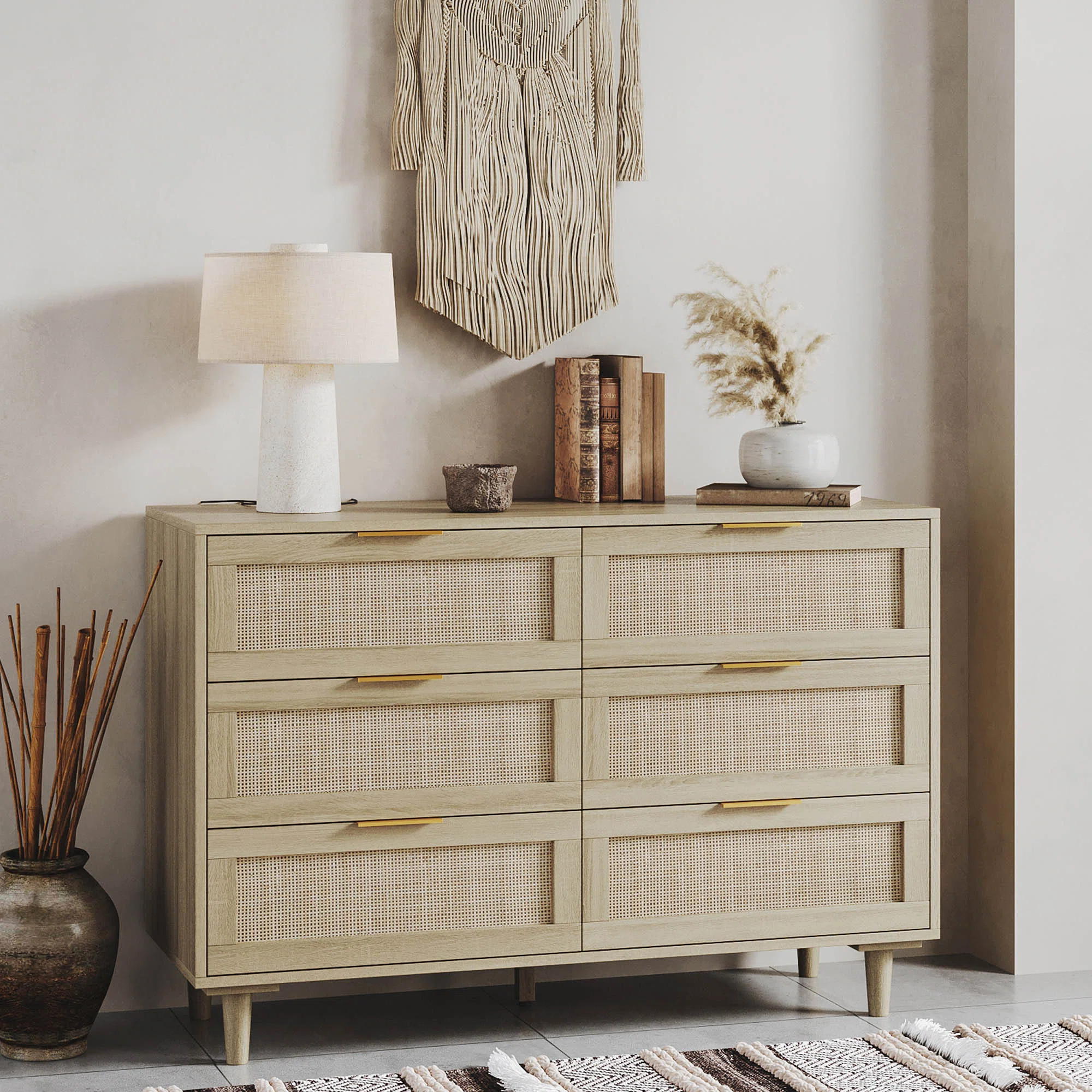 Aimara Rattan 6 Drawer Dresser for Bedroom, Wood Dresser & Chest of Drawers with Metal Handles | Wayfair North America