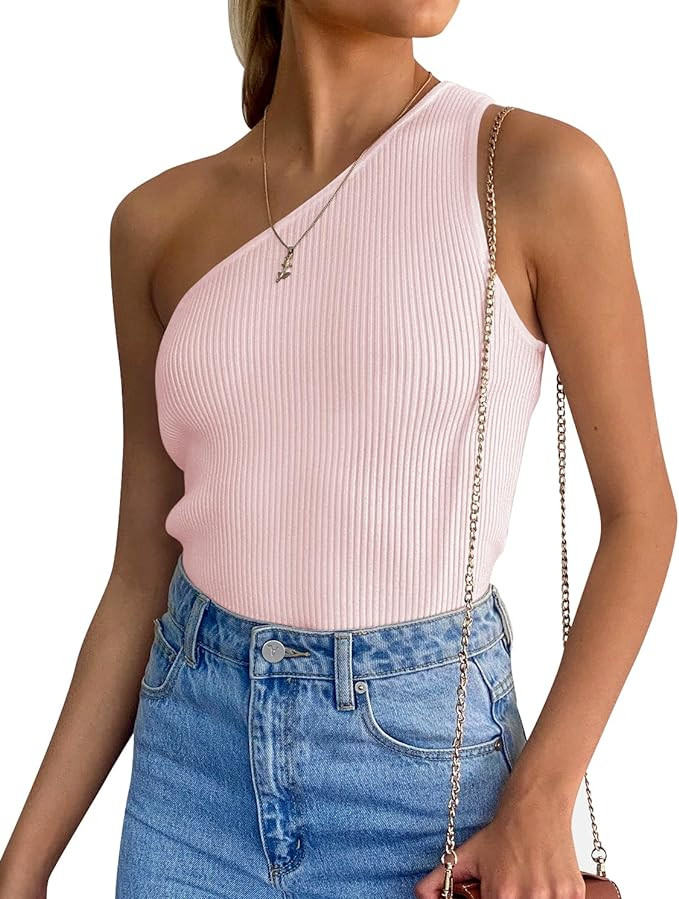 ZESICA Women's One Shoulder Tank Summer Sleeveless T Shirt Ribbed Knit Slim Fit Sexy Casual Basic... | Amazon (US)