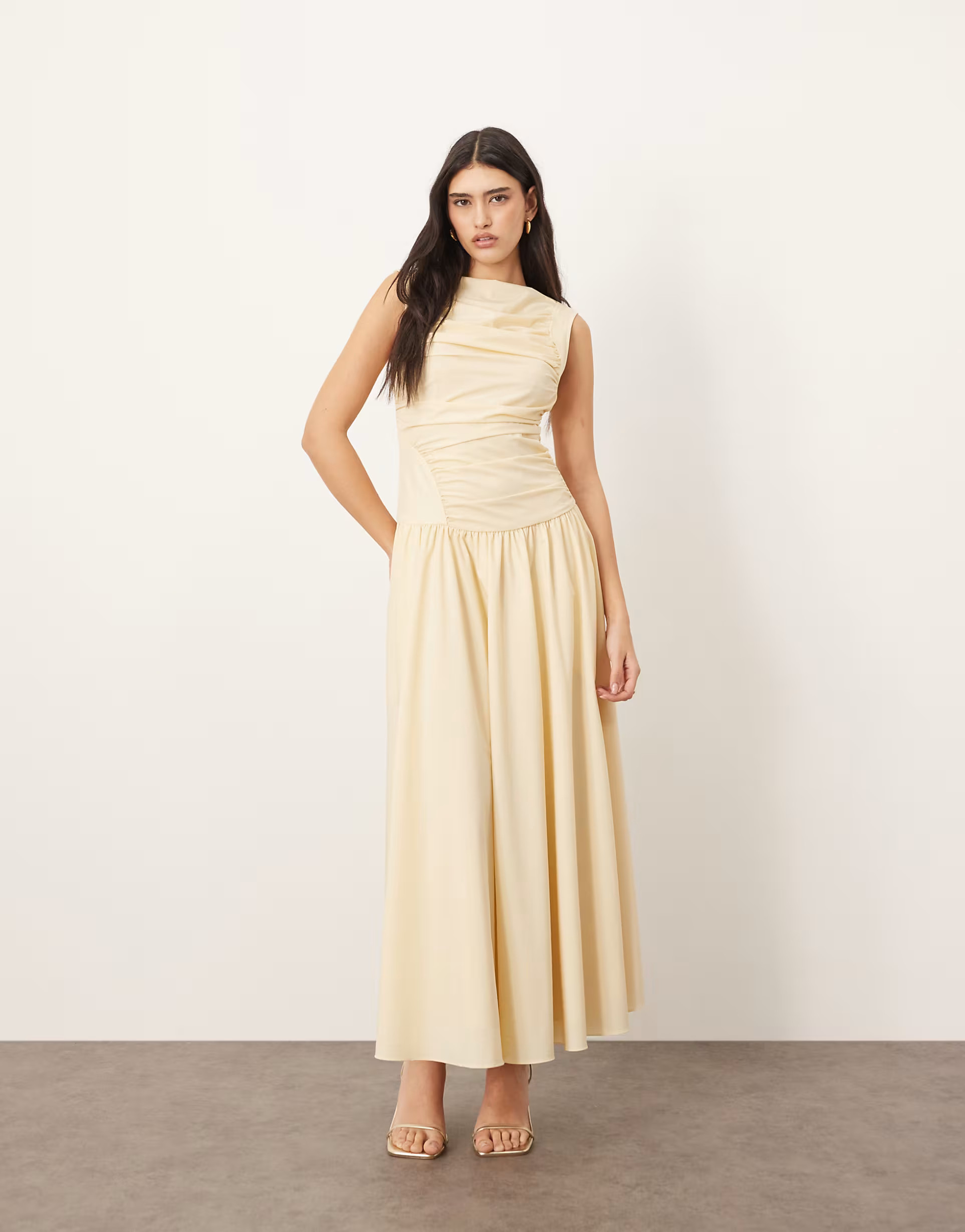 ARRANGE poplin ruched detail drop waist midi dress in buttermilk | ASOS (Global)