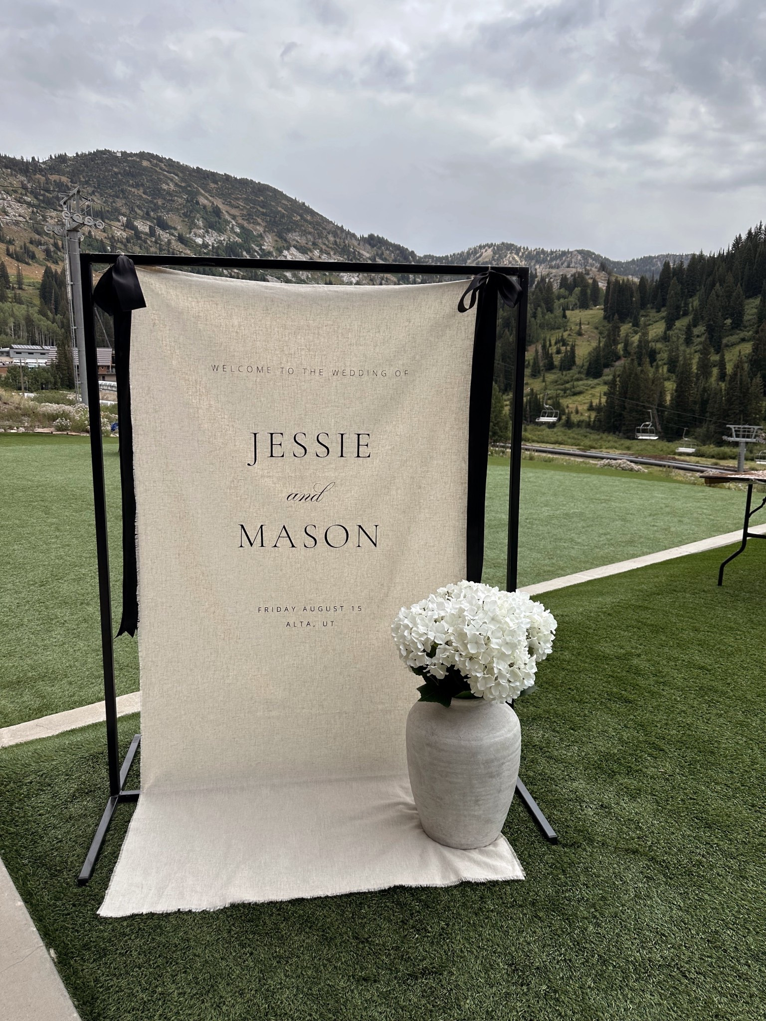 DIY wedding welcome sign using a linen blend tablecloth from Target, and a cricut with iron on vinyl  Vase is from hobby lobby. Classic luxury minimalist neutral wedding linen welcome sign with black bows.

#LTKFindsUnder50 #LTKWedding