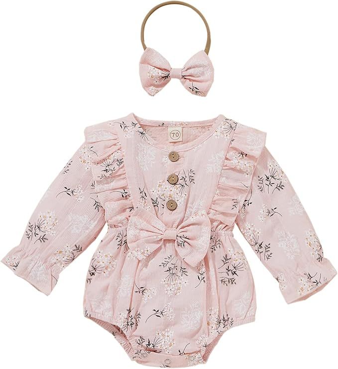 Baby Girls Floral Playsuits Ruffled Bodysuit+Headband Long Sleeve Knitted Romper Floral Jumpsuit ... | Amazon (US)