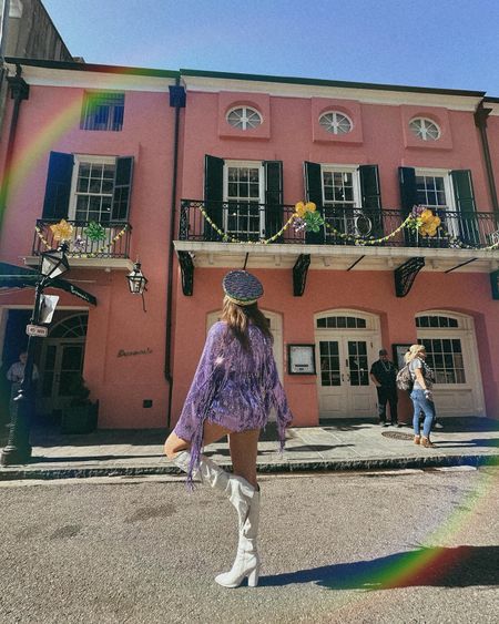 Mardi Gras most perfect sequence purple romper outfit - beware boots are amazing but not made for 15k steps a day! Tip: get an insole to help protect you feet! 

#LTKtravel #LTKsalealert #LTKmidsize