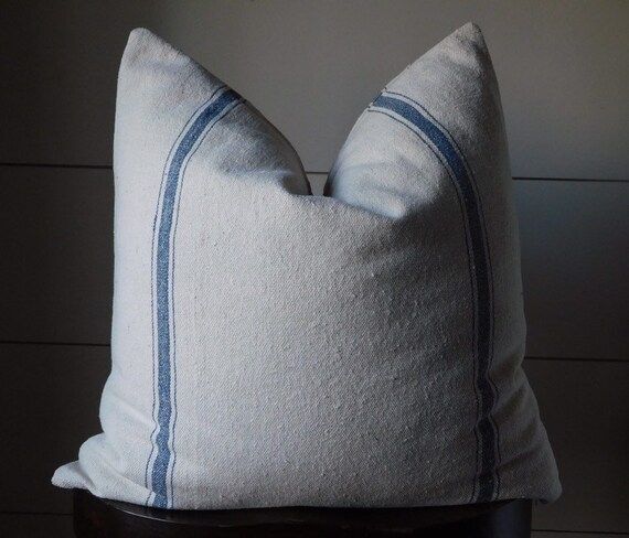 Grain Sack Pillow Cover | Ticking Pillow Cover | Blue 3 Stripe | Beige Fabric | Zipper Closure | Etsy (US)