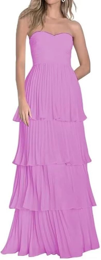 Strapless Ruffle Prom Dresses Multi-Layer Chiffon Sweetheart Long Tiered Formal Evening Gown | Amazon (US)