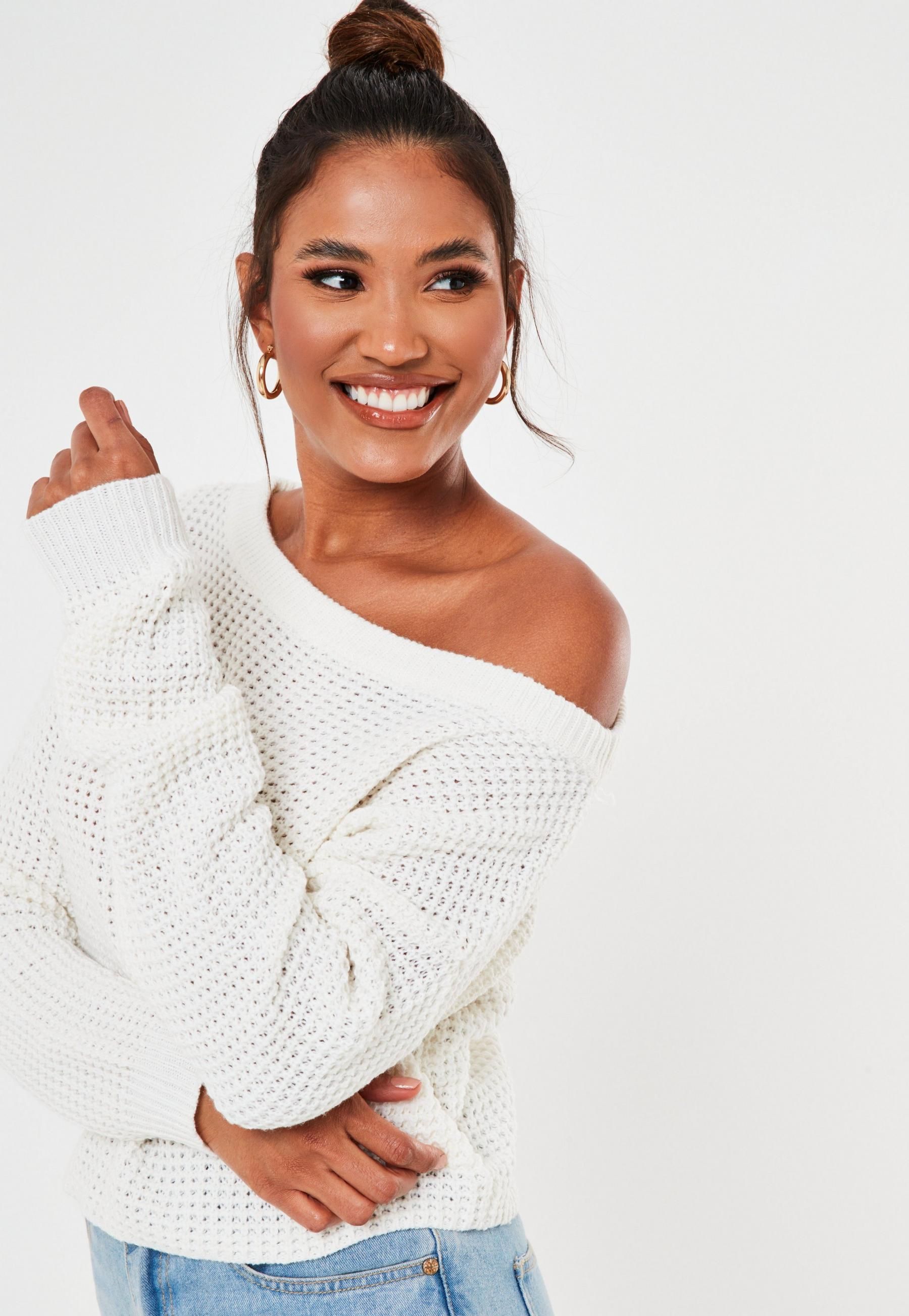 Missguided - Petite White Off The Shoulder Knitted Sweater | Missguided (US & CA)