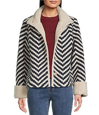 Charlie B. Boucle Chevron Collared Long Sleeve Sherpa Trim Jacket - M | Dillard's
