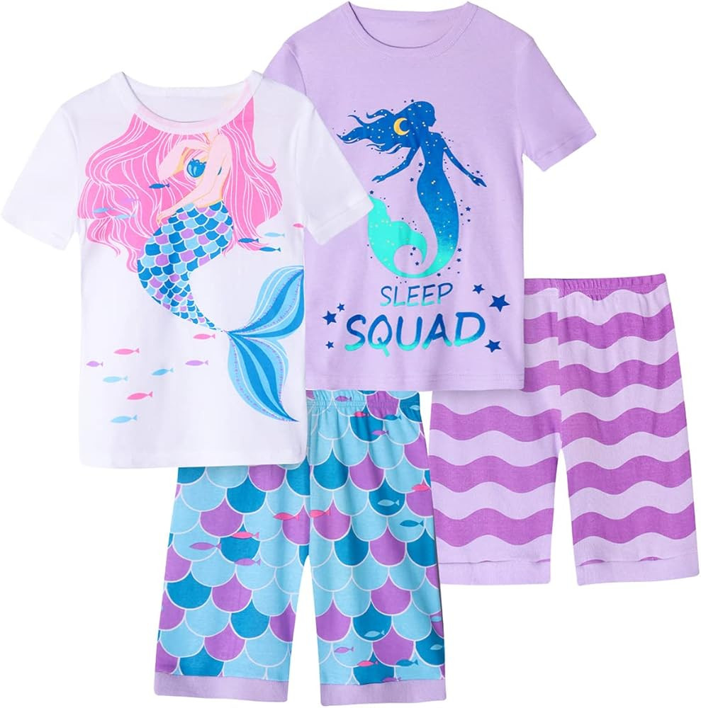 Vopawetty Girls 4-Piece Summer Pajamas Cotton Short Pjs Set Kids Sleepwear | Amazon (US)