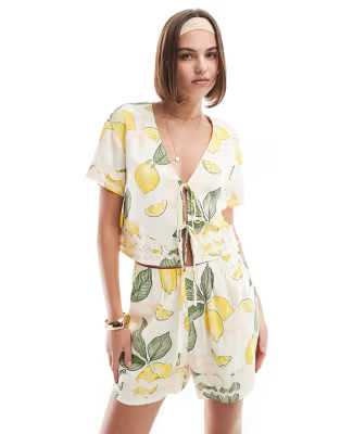 ASOS DESIGN top with tie front and rik rak trim in lemon print | ASOS | ASOS (Global)