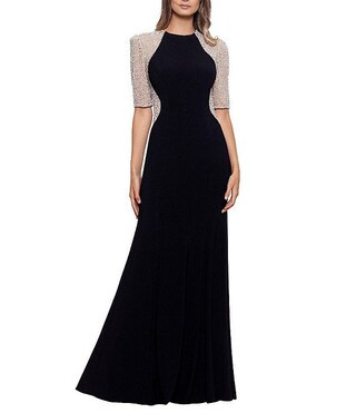 Petite Size Beaded Mesh Short Sleeve Sheath Gown | Dillard's