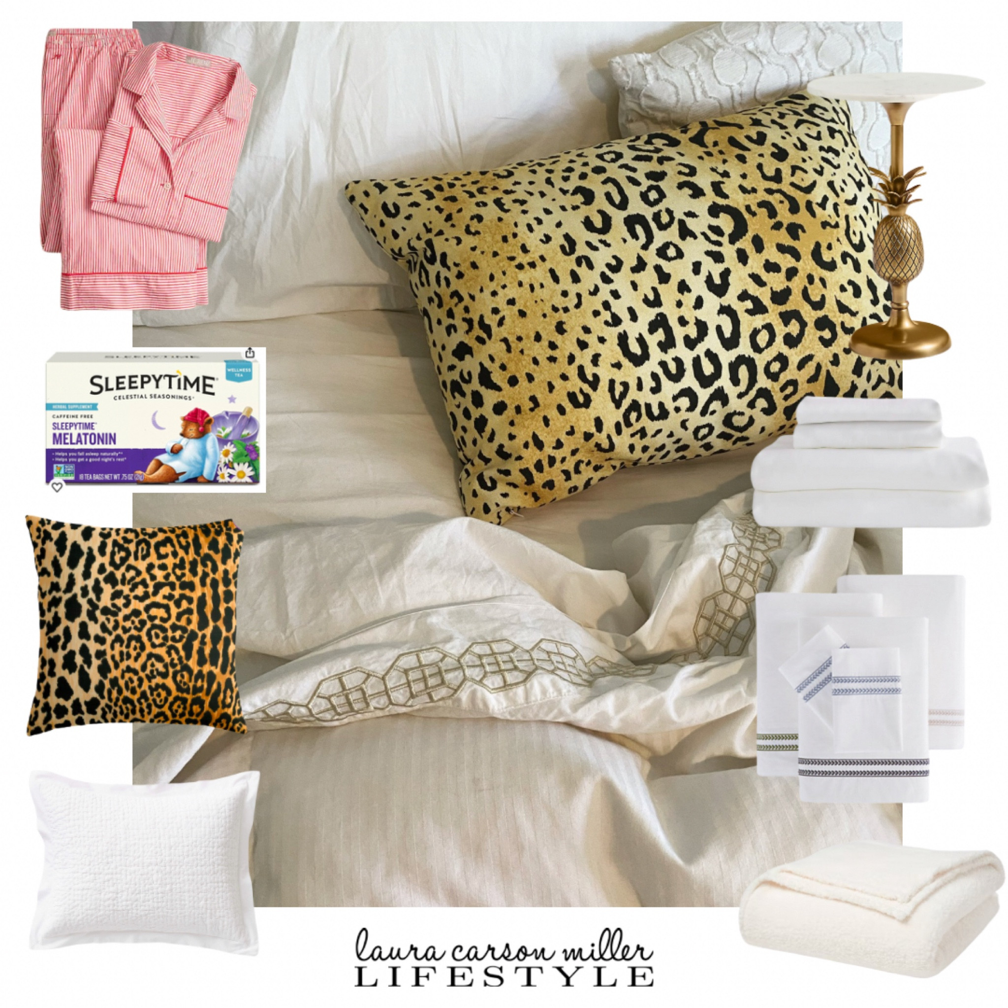 Nighttime routine need a refresh? Some new bedding, classic pajamas, a glam side table and a nice relaxing cup of tea before bed set you up for luxurious slumber. 
Bedtime routine, bedding, sleepy time tea, pillow shams, sheets, leopard print pillows, pajamas, Laura carson miller, side table, bedroom 

#LTKStyleTip #LTKHome