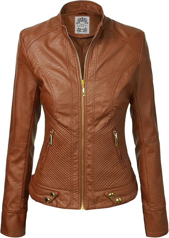 Made By Johnny MBJ Womens Faux Leather Zip Up Moto Biker Jacket with Stitching Detail | Amazon (US)