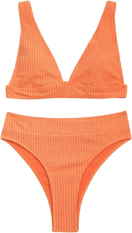 SweatyRocks Women's 2 Piece Bathing Suit V Neck Triangle Bikini Set Plain Swimsuit Beachwear | Amazon (US)