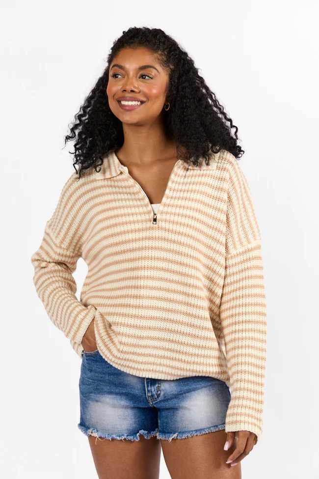 Bayside Breeze Ivory and Tan Stripe Quarter Zip Pullover Sweater | Pink Lily