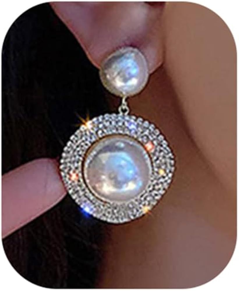 Wiwpar Pearl Rhinestone Circle Earrings Pearl Dangle Drop Earrings Dainty Round Shaped Pearl Earr... | Amazon (US)