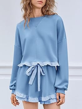 Fisoew Women's 2 Piece Lounge Sets Color Block Ruffle Cropped Sweatshirts Loose Drawstring Waist ... | Amazon (US)