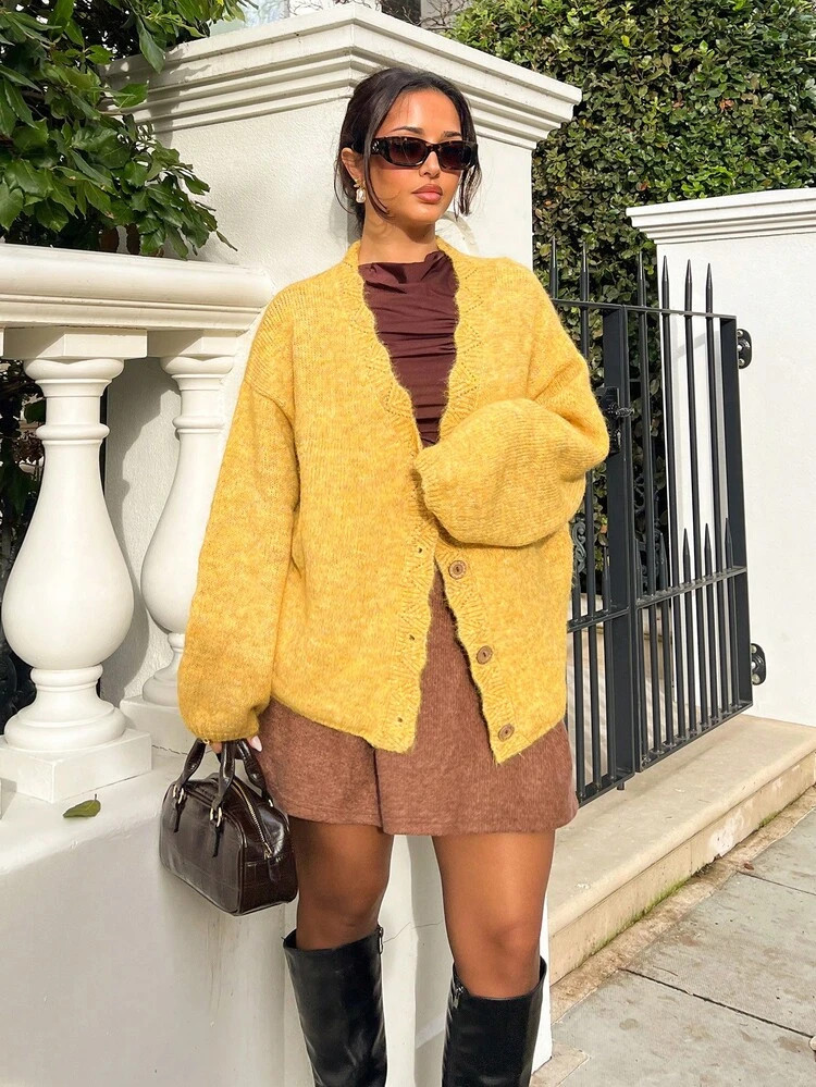 NegzBox Boho Autumn/Winter Women's Solid Color Yellow Versatile Minimalist Long Sleeve Open Fuzzy Vintage Loose Knit Cardigan, Western Country Style Concert Vacation Outfits, Suitable For Vacation Outfit & Daily Wear & Back To School, Halloween Clothes,Fall | SHEIN