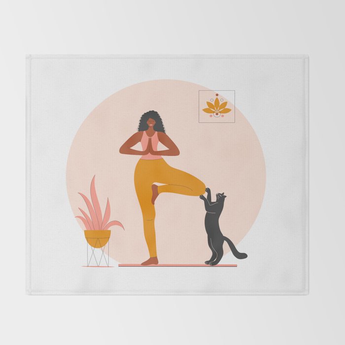 Afro woman doing yoga at home with a cat. Flat modern art. Throw Blanket | Society6