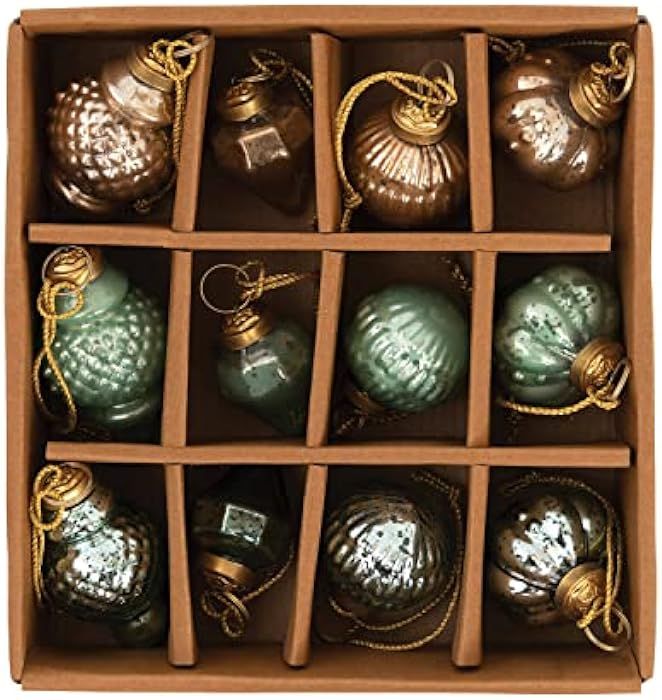 Creative Co-Op Embossed Mercury Glass Ornaments, Green, Blue, and Gold Color, Boxed Set of 12 | Amazon (US)