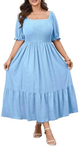 Plus Size Summer Maxi Dress for Curvy Women Square Neck Smocked Elegant Casual Milkmaid Wedding G... | Amazon (US)