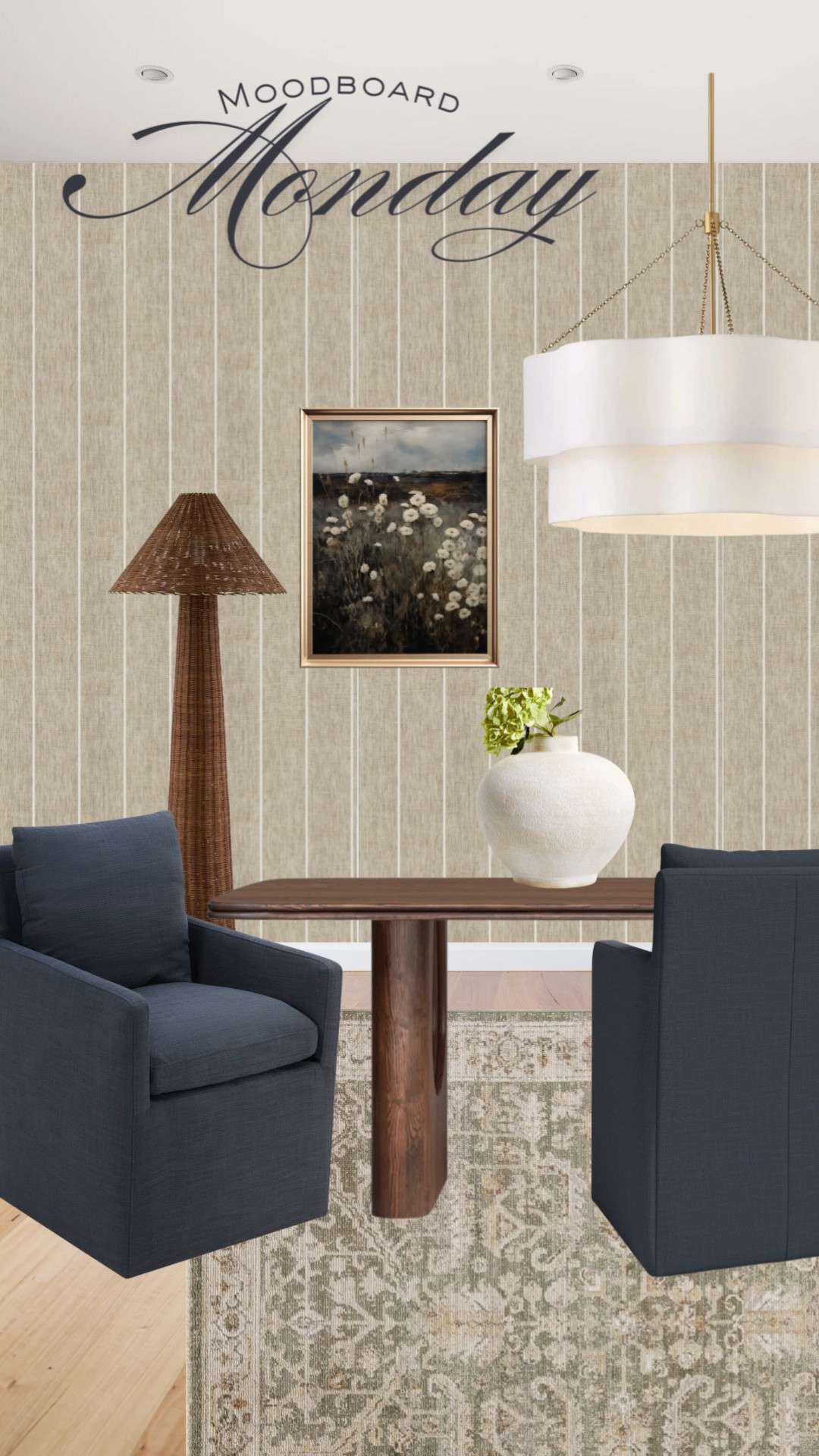 Coastal moody dining room, striped wallpaper and rich wood tones  