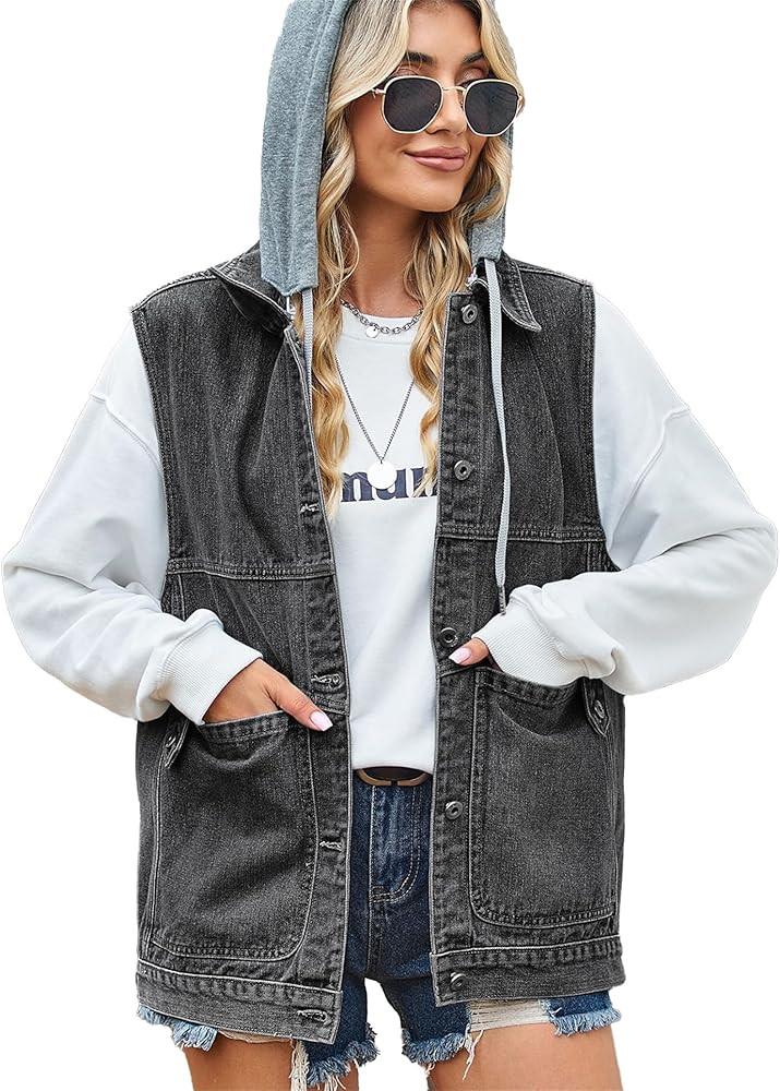PAODIKUAI Women's Oversized Denim Vest Mid Long Jean Vest Sleeveless Jackets Distressed Vest Cott... | Amazon (US)