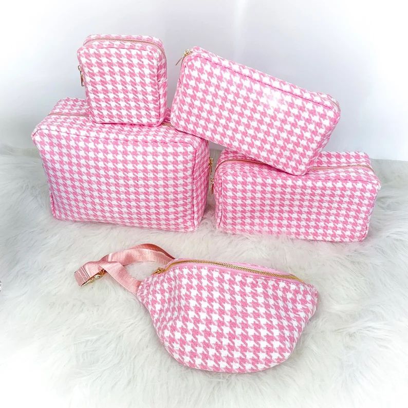 Pink Houndstooth Cosmetic Bag - Fanny Pack, valentine's day Makeup Bag- Nylon Pouch Patches - gif... | Etsy (US)