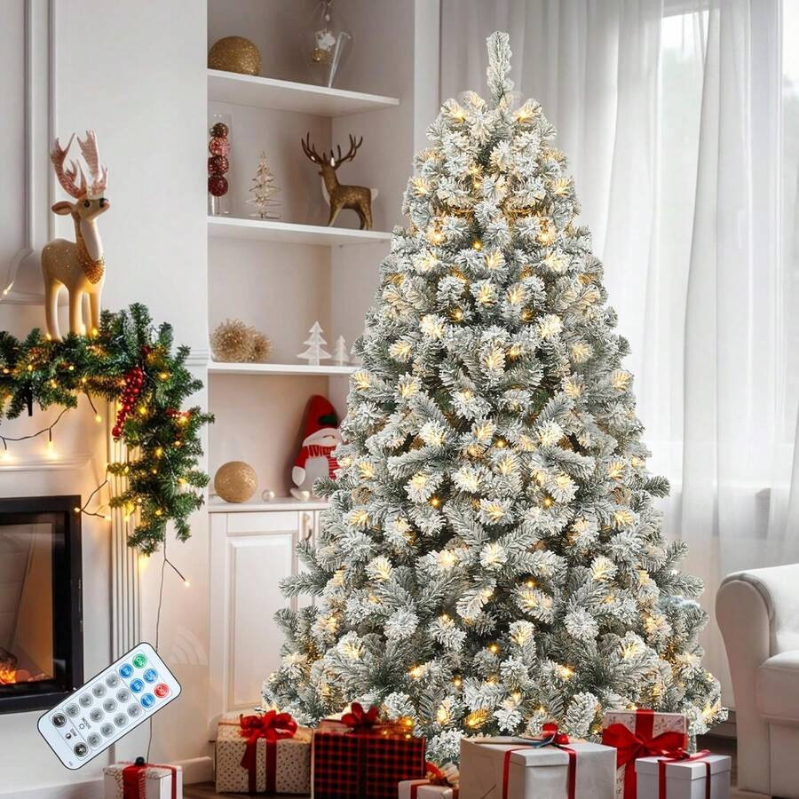 7.5ft Prelit Snow Flocked Artificial Full Christmas Tree With 1550 Branch Tips And Foldable Base ... | SHEIN