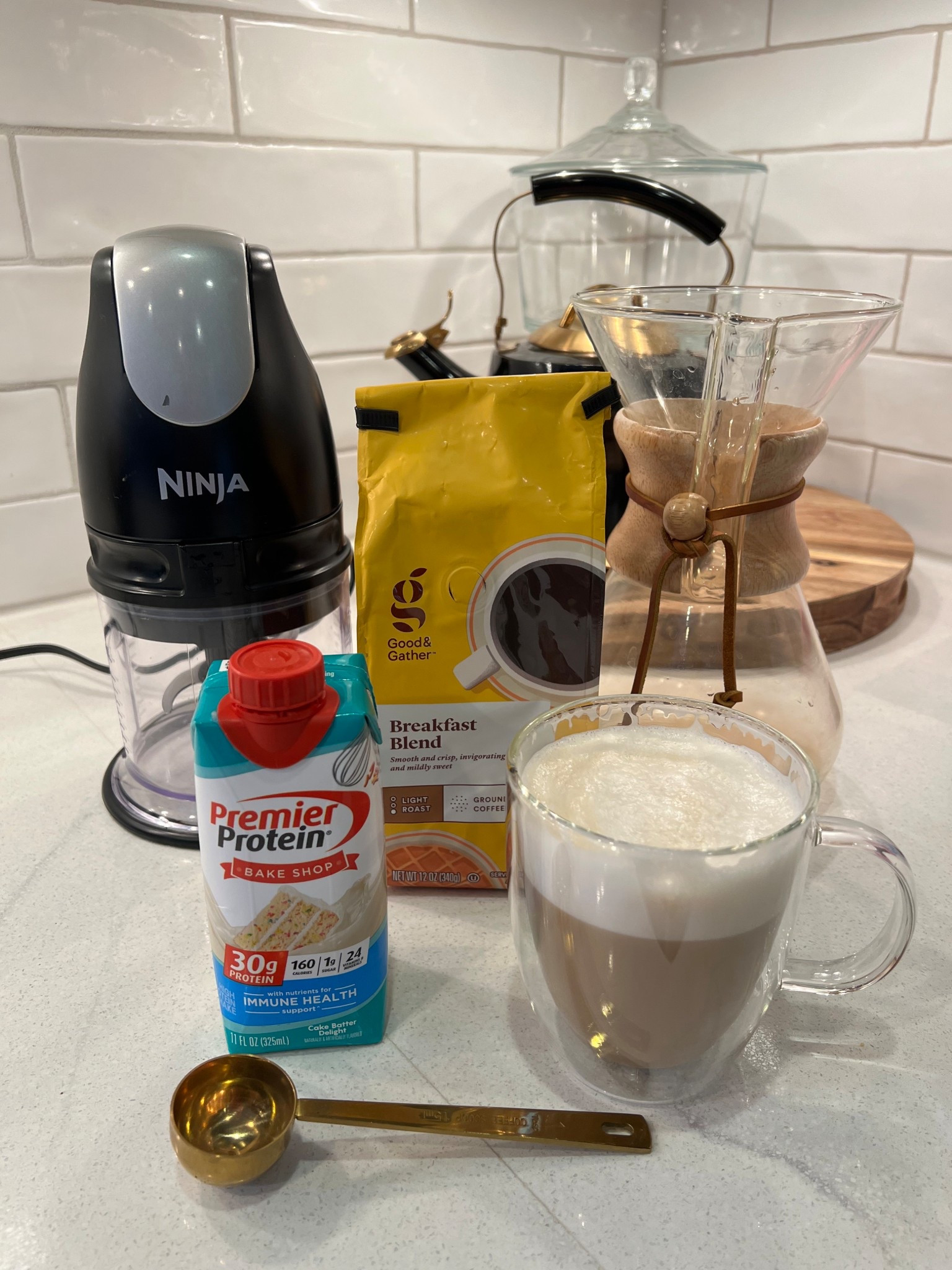 My recent coffee go-to! Bring 8 oz water to boil in teakettle. Pour over 3 rounded teaspoons breakfast blend light roast coffee. Blend 1/3 carton of Birthday Cake Premier Protein shake to Ninja and mix for 45 sec- 1 min. Add coffee to mug, then pour the frothed shake on top. 

This has ruined me for any other coffee house beverage!!! So delicious !



#LTKmorningroutine #LTKmomlife #LTKfitnessgoals