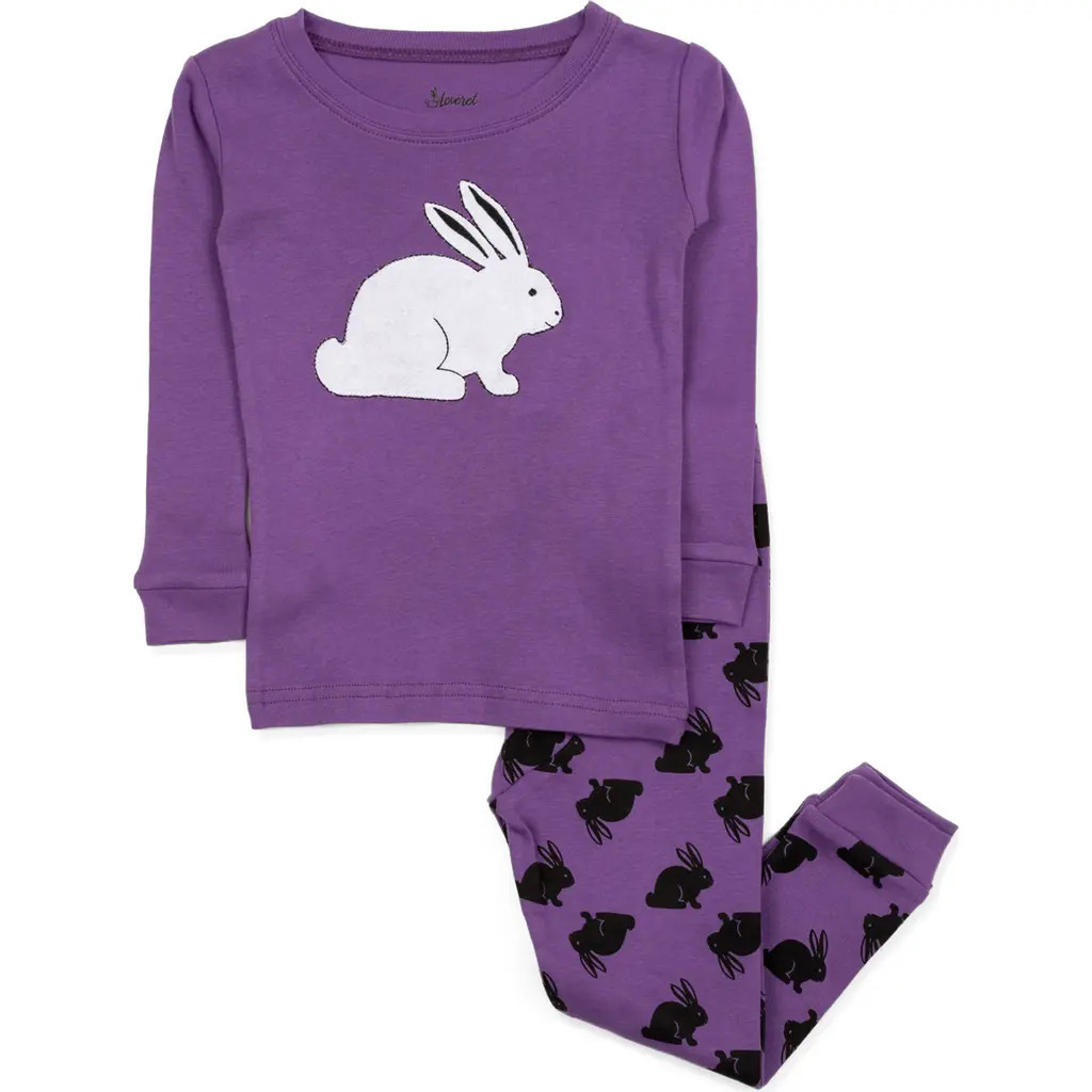 Leveret Kids Cotton Two-Piece Printed Holiday Pajamas in Bunny Purple at Nordstrom, Size 10 | Nordstrom