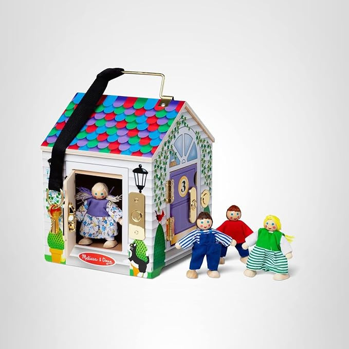 Melissa & Doug Take-Along Wooden Doorbell Dollhouse - Doorbell Sounds, Keys, 4 Poseable Wooden Do... | Amazon (US)