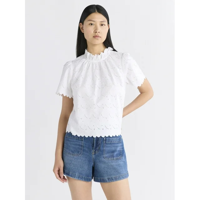Free Assembly Women's Ruffle Cotton Eyelet Top with Short Sleeves, Sizes XS-4X | Walmart (US)