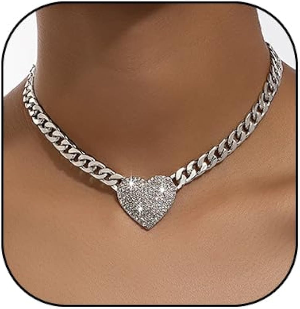 HUJUON Rhinestone Heart Necklace for Women Gold Silver Heart Pendant Choker Necklace Cuban Link C... | Amazon (US)