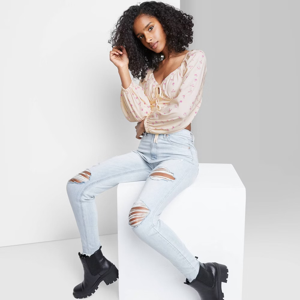 Women's Puff Long Sleeve Sweetheart Milkmaid Cropped Top - Wild Fable Off-White Floral XL | Target
