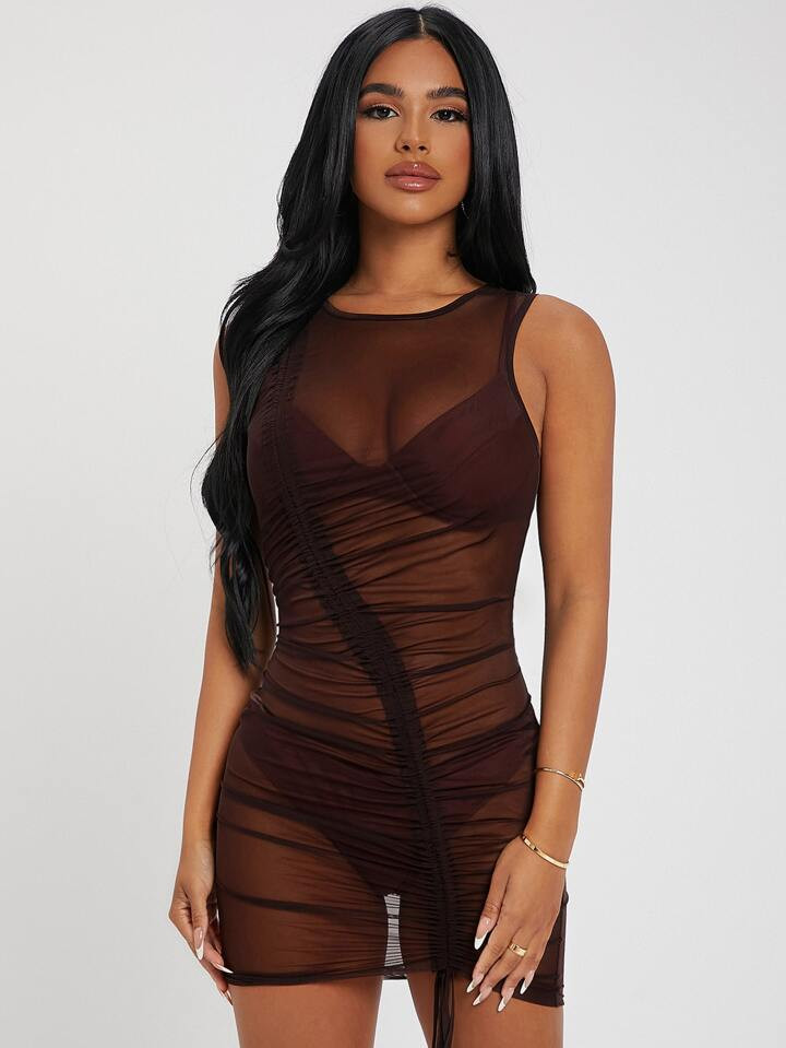 SHEIN SXY Drawstring Front Mesh Dress Without Lingerie Set | SHEIN