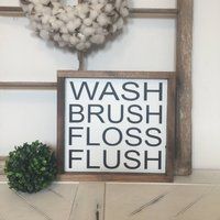 Bathroom Sign, Wash Brush Floss Flush hand painted wood sign with rustic wood framing, Black and White Bathroom Decor, Modern Farmhouse Sign | Etsy (US)
