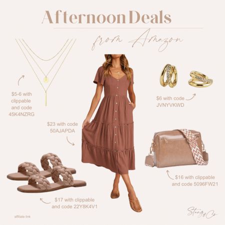 Lightening deals from Amazon include this midi dress perfect for spring and summer, a layered necklace, woven strap sandals, huggie earrings, and a crossbody bag. Be sure to clip the coupons and use the codes listed on the image. 

Deal of the day, Amazon deal, ootd, tall friendly fashion, summer outfit 

#LTKstyletip #LTKfindsunder50 #LTKsalealert