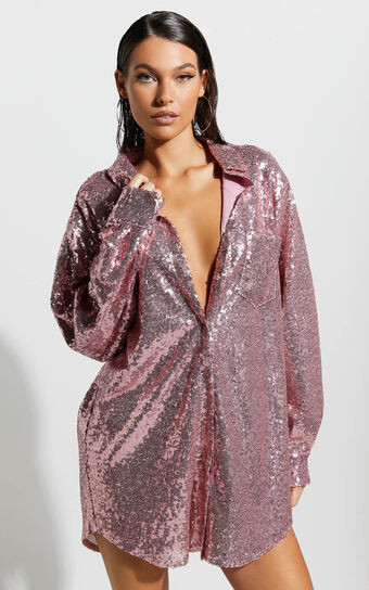 Cally Mini Dress - Oversized Shirt Dress in Lilac Sequin | Showpo (US, UK & Europe)