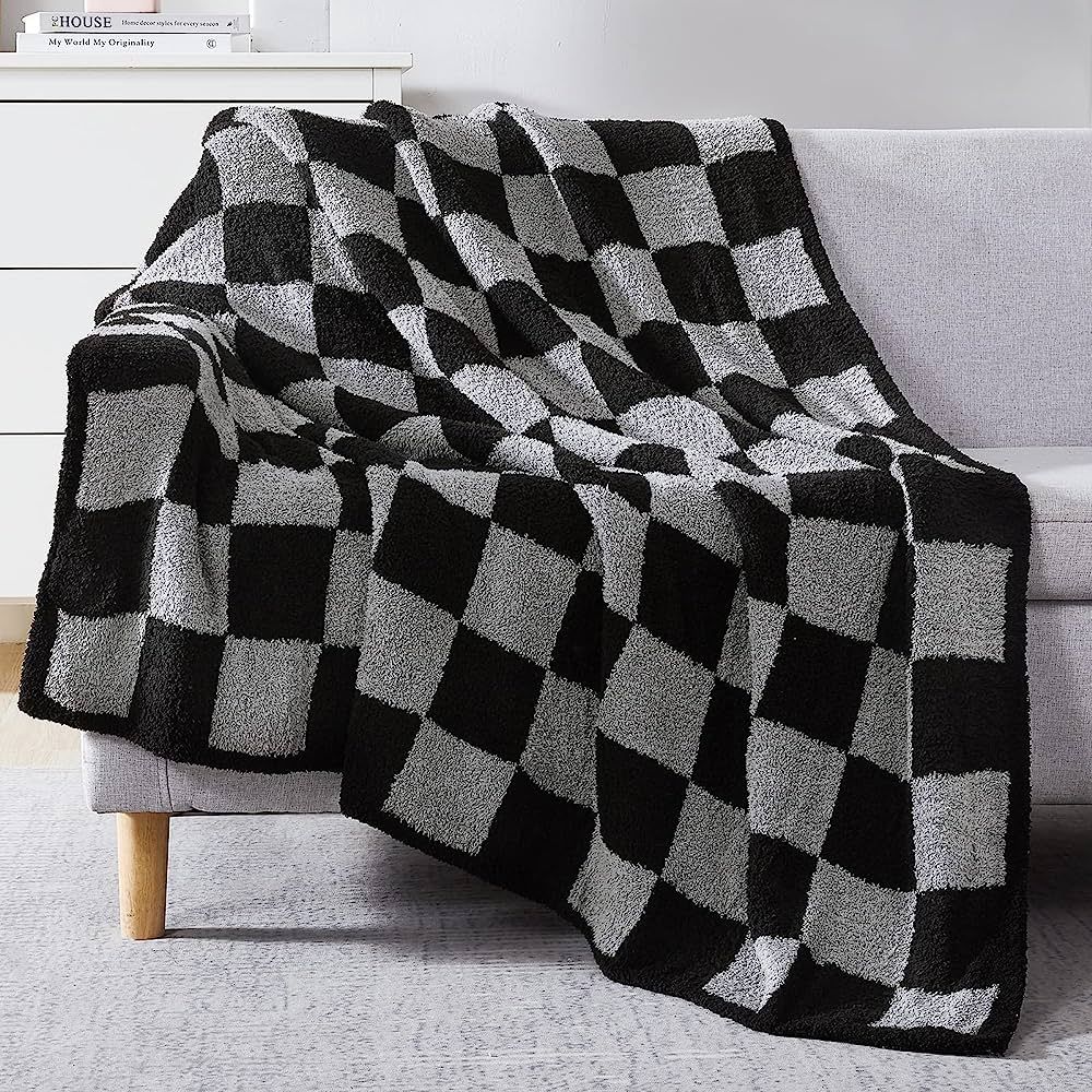 WRENSONGE Checkered Throw Blanket, Black Grey Checkered Microfiber Soft Cozy Fluffy Warm Hand Mad... | Amazon (US)