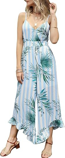 FANCYINN Womens Floral Loose Jumpsuits Rompers Spaghetti Strap Deep V Wide Leg Pants Ruffled Irre... | Amazon (US)