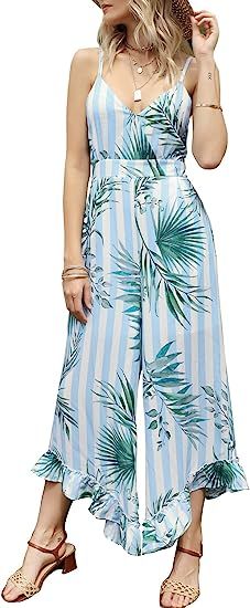 FANCYINN Womens Floral Loose Jumpsuits Rompers Spaghetti Strap Deep V Wide Leg Pants Ruffled Irre... | Amazon (US)