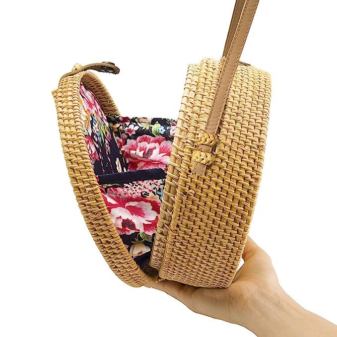 Handwoven Round Rattan Bag Shoulder Leather Straps Natural Chic Hand NATURALNEO | Amazon (US)