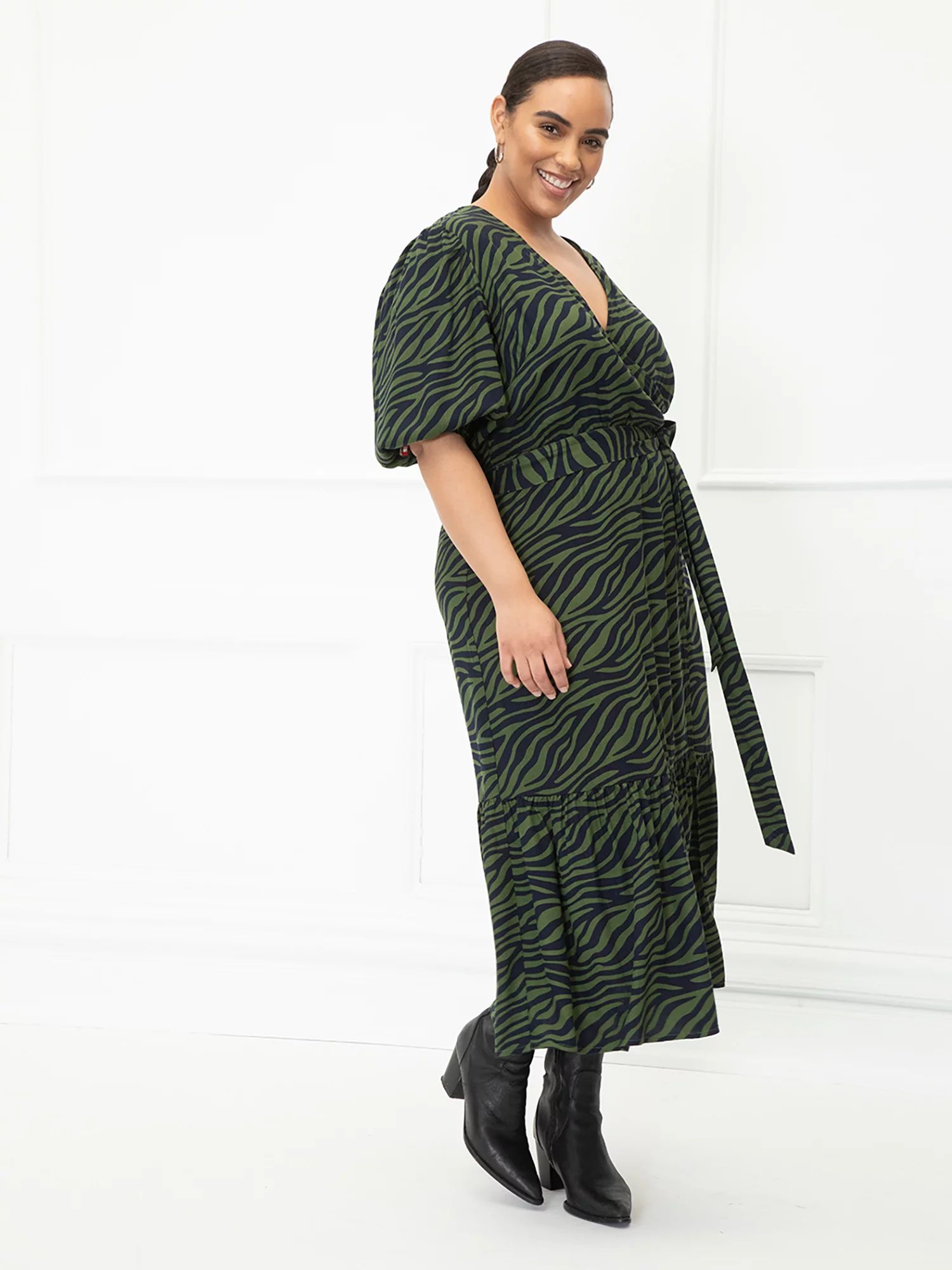 ELOQUII Elements Women's Plus Size Zebra Print Midi Wrap Dress with Puff Sleeves | Walmart (US)
