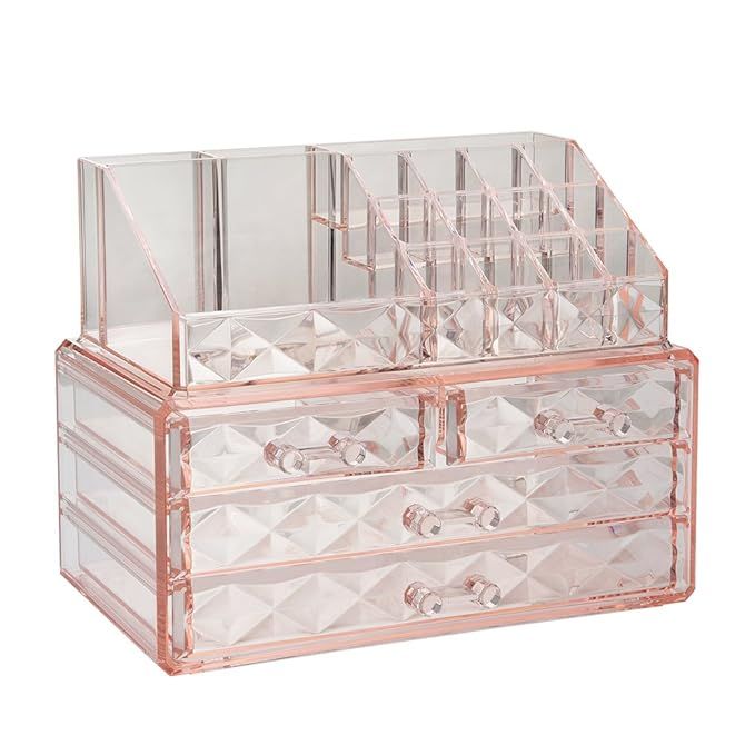 Jewelry and Cosmetic Boxes with Brush Holder - Pink Diamond Pattern Storage Display Cube Includin... | Amazon (US)