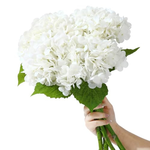Wenhuidr 4Pcs 20in Hydrangea Artificial Flowers Latex Real Touch Fake Hydrangeas Bouquet Large Faux Hydrangea Flowers for Home Table Centerpieces Wedding Garden Party Halloween Decoration (White) | Amazon (US)