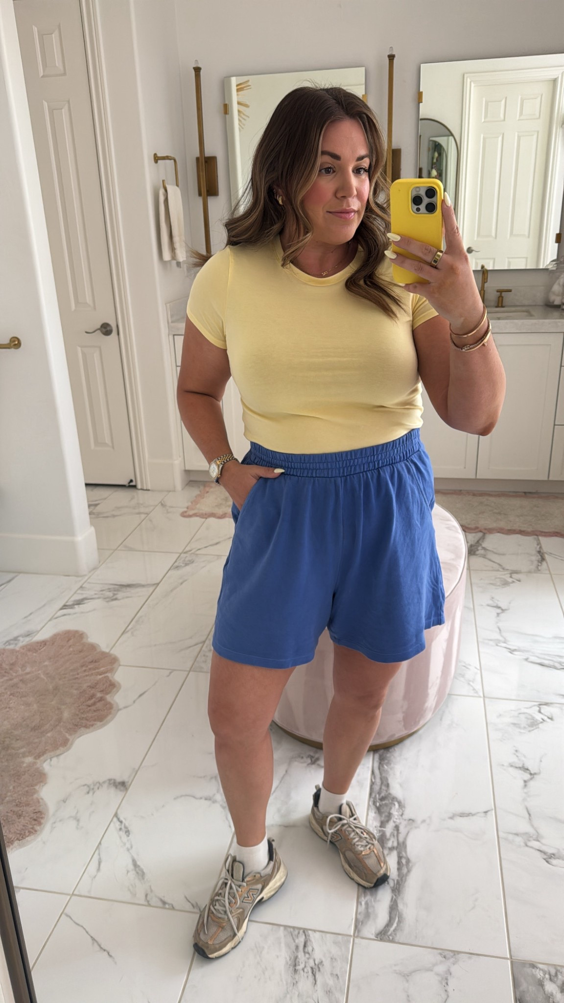 curvy midsize casual every day mom outfit! wearing size large in butter yellow tee and size large in 5” comfy shorts! 

#LTKFindsUnder50 #LTKMidsize #LTKSeasonal